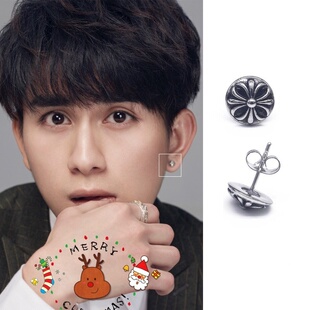 朱赞锦同款耳钉S925纯银十字花圆形个性耳饰复古潮男单只泰银耳饰