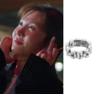 大喜金晨同款戒指女银色亮面宽版轻奢表带设计指环百搭欧美小众潮