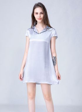 真丝睡裙女夏翻领性感V领短袖纯色桑蚕丝绸睡衣薄款家居服 80013B