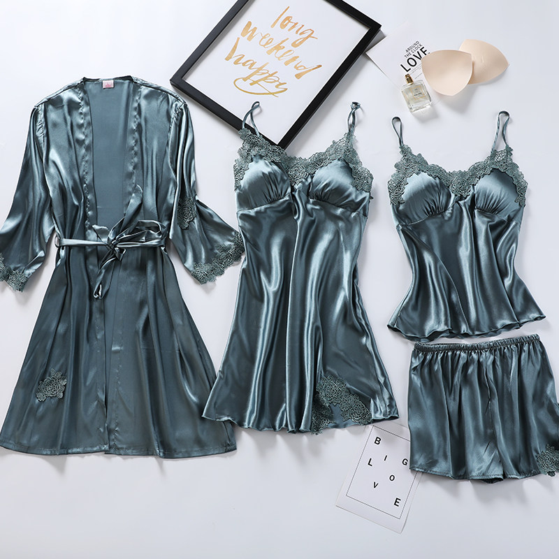 睡衣女夏四件套冰丝绸春秋季蕾丝性感睡裙睡袍吊带胸垫薄款家居服