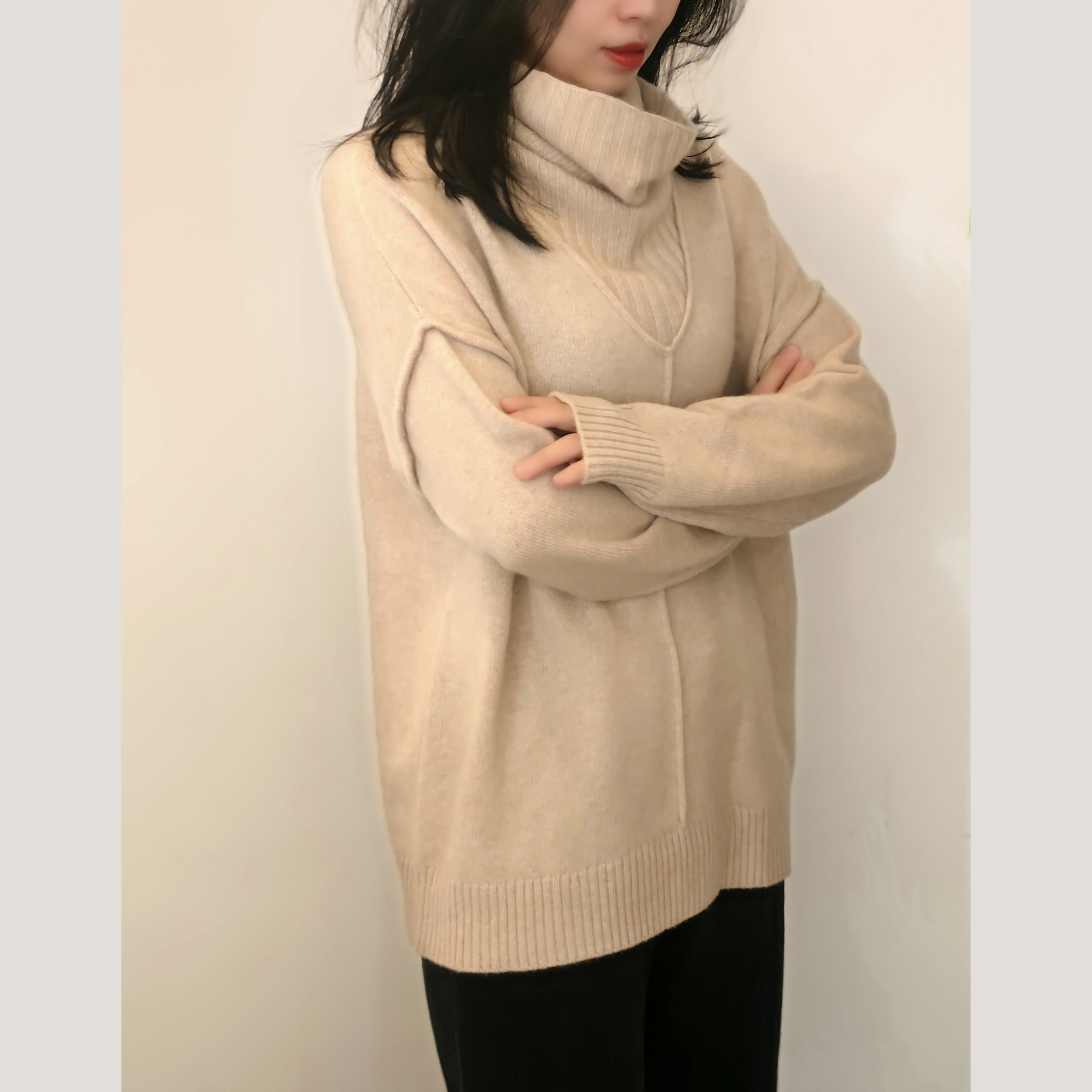 内蒙古出口欧洲专柜100%羊绒女士高领翻领羊绒衫秋冬保暖毛衣休闲