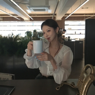 Haners家韩国代购文艺女青年2026年春季新品半透明褶皱长袖衬衫