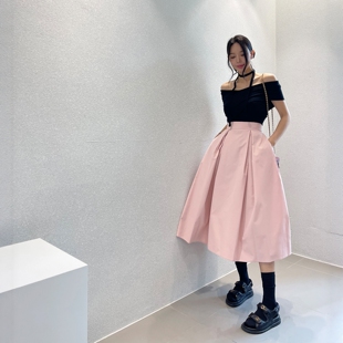 Haners家韩国代购 高腰显瘦大摆褶皱半身裙 女清新优雅2025夏季 新品
