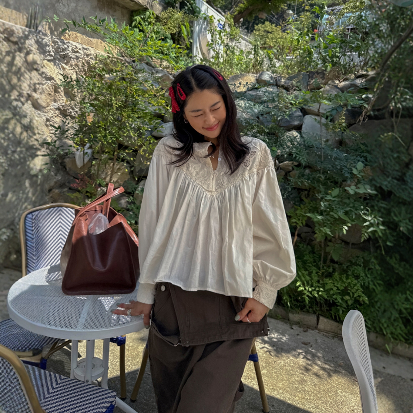 Haners家韩国代购文艺女青年2025年秋季新品蕾丝蒌空花边长袖衬衫