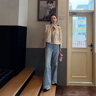 高腰显瘦毛边水洗牛仔裤 Haners家韩国代购 新款 2023春季 女轻奢法式