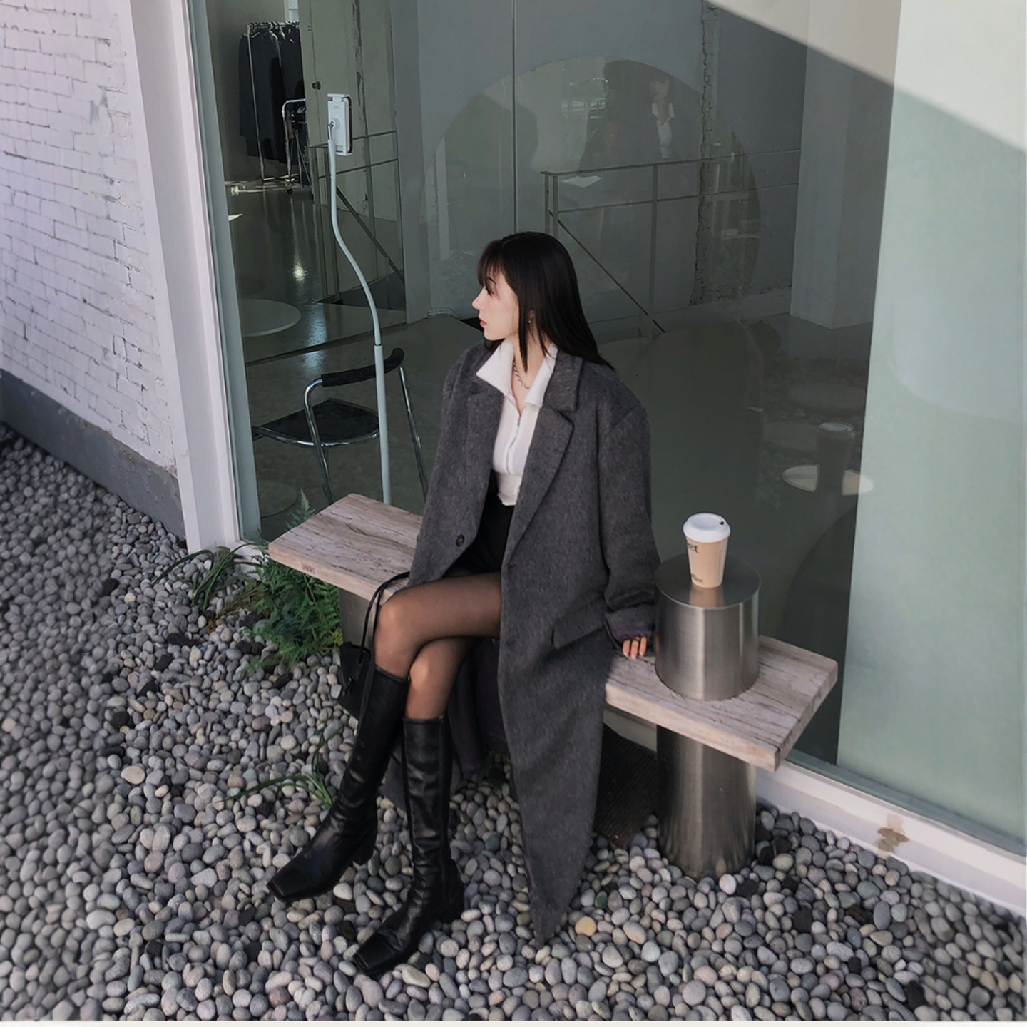 Haners家韩国代购女设计师款2025冬季新品气质显瘦粗跟中高筒皮靴