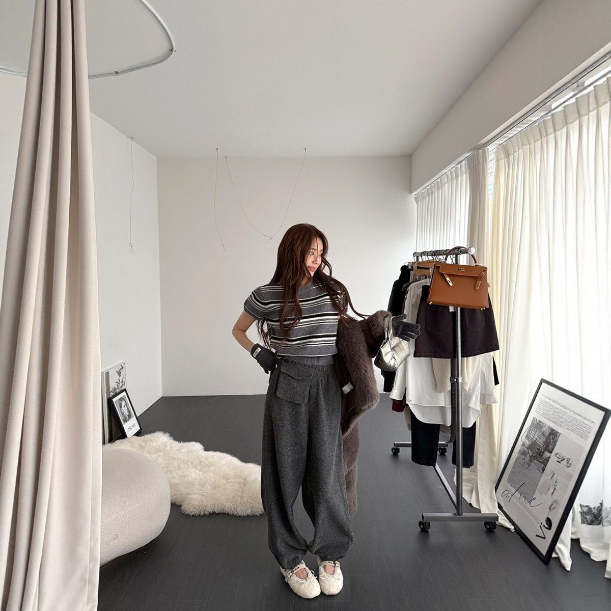 Haners家韩国代购女极简时尚2025年冬甜美温暖腰包纯色羊毛休闲裤