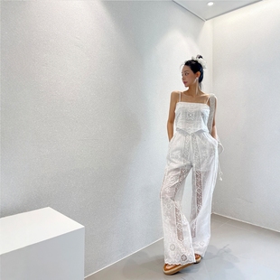 Haners家韩国代购 女清新优雅2025年夏季 新品 蕾丝刺绣拼接阔腿长裤