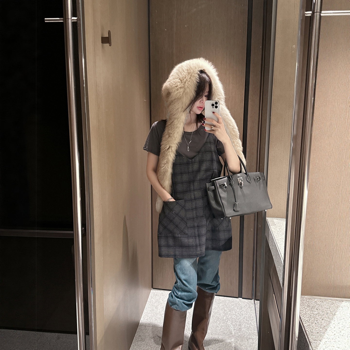 【韩国官网直邮】Partysu韩国代购正品女2025冬季羊毛格子连衣裙