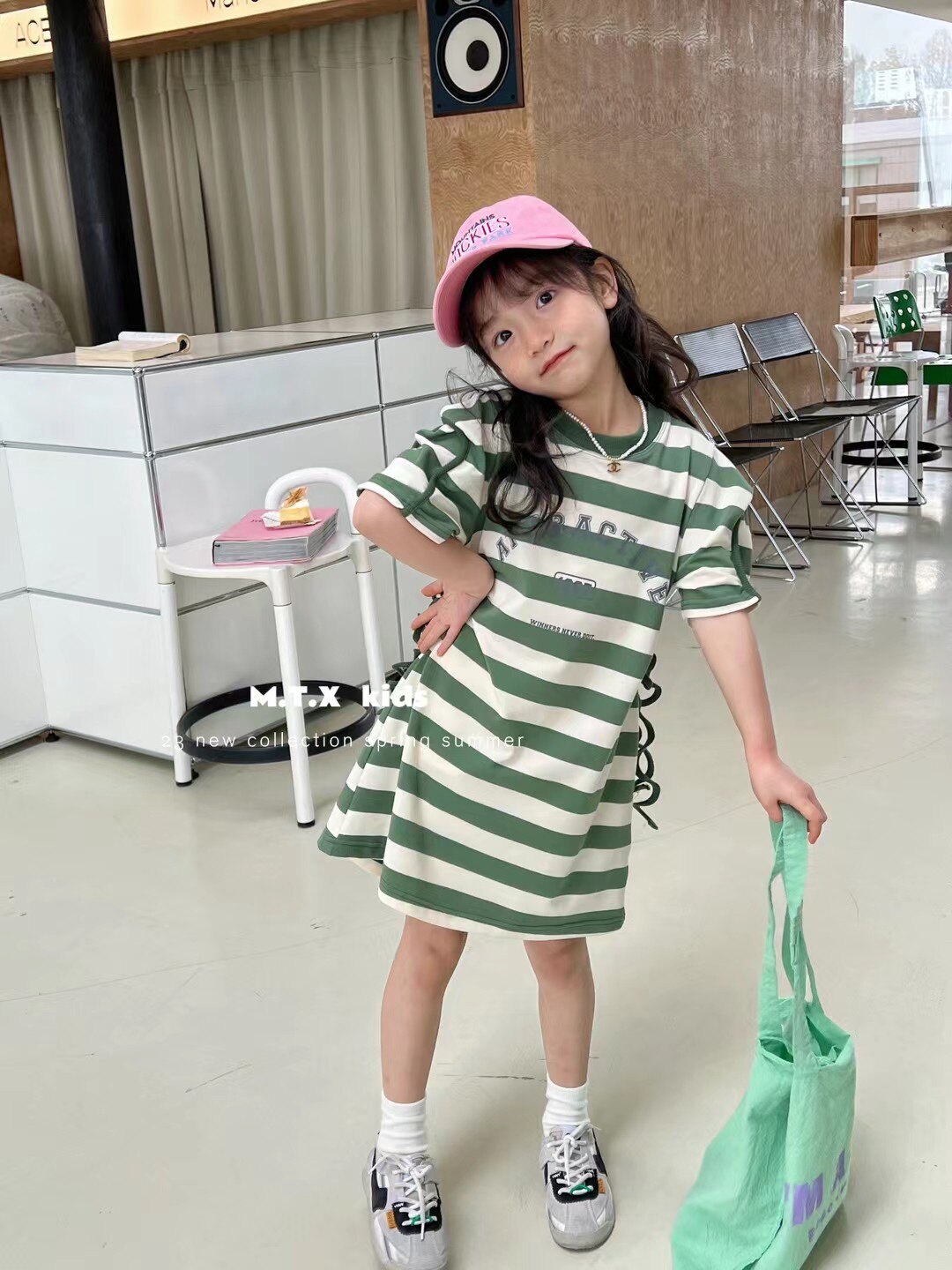 木童巷2023夏季新款女中童条纹短袖连衣裙腰间镂空休闲连身裙