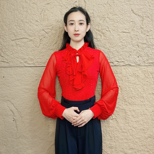 欢舞阁吉特巴摩登气质百搭时尚女士木耳领交际广场舞衣长袖A0880
