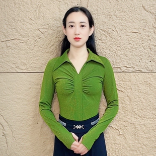 欢舞阁吉特巴摩登舞舞蹈服广场舞气质时尚朱光V领长袖女舞衣A0797