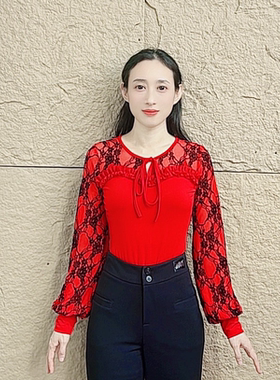 欢舞阁吉特巴摩登交谊舞气质圆领镂空绑带长袖广场舞女服A0808