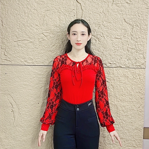 欢舞阁吉特巴摩登交谊舞气质圆领镂空绑带长袖广场舞女服A0808