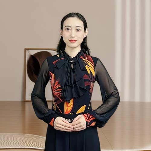 欢舞阁吉特巴摩登舞气质女士镂空交际舞广场舞绑带长袖舞衣A0605
