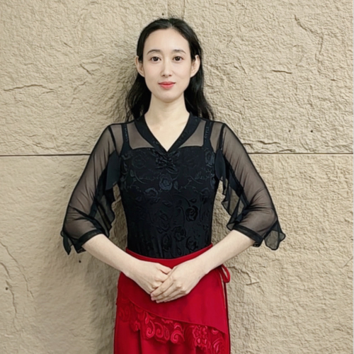 欢舞阁摩登舞吉特巴时尚气质女V领荷叶边飘带七分袖舞蹈服A0891