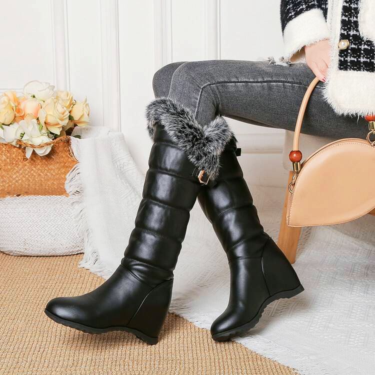 兔毛雪地靴女中筒靴冬季厚绒里棉靴高筒靴坡跟大码内增高长筒靴子