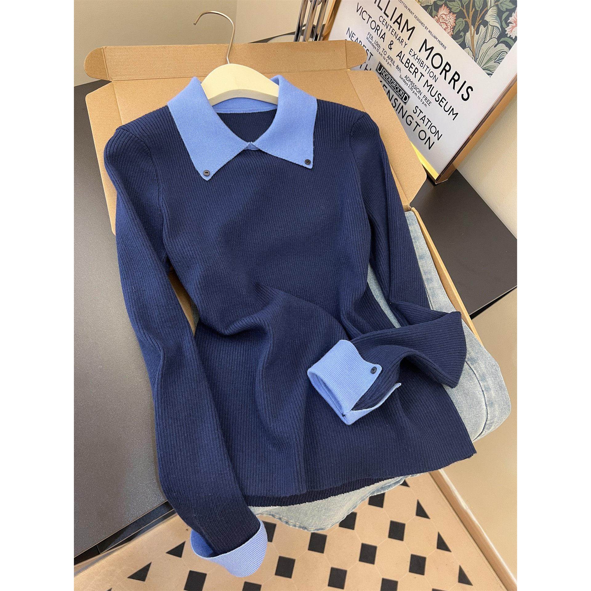 韩系撞色翻领针织打底衫方领女士2026法式修身内搭毛衣上衣女外穿,女装/女士精品,POLO衫,淘宝优惠券,粉丝福利购,淘宝优惠卷