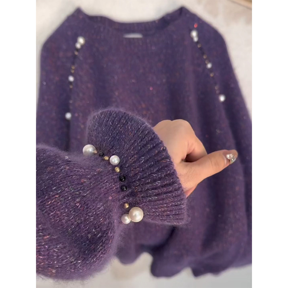 秋冬季高级感紫色重工钉珠针织衫