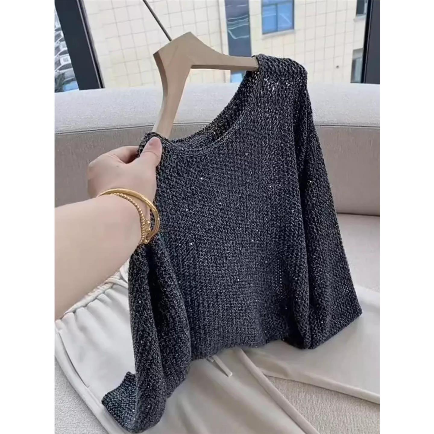 欧货重工深灰色满天星亮片针织衫