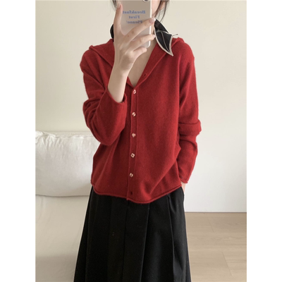 连帽洋气长袖软糯法式开衫毛衣女