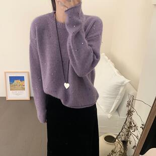 新款FEIMAO宽松浣熊绒紫色YNVN亮片高级感欧货洋气时尚针织衫软糯