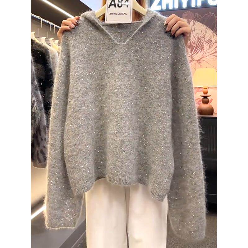 设计感亮片灰色宽松毛衣秋冬新款