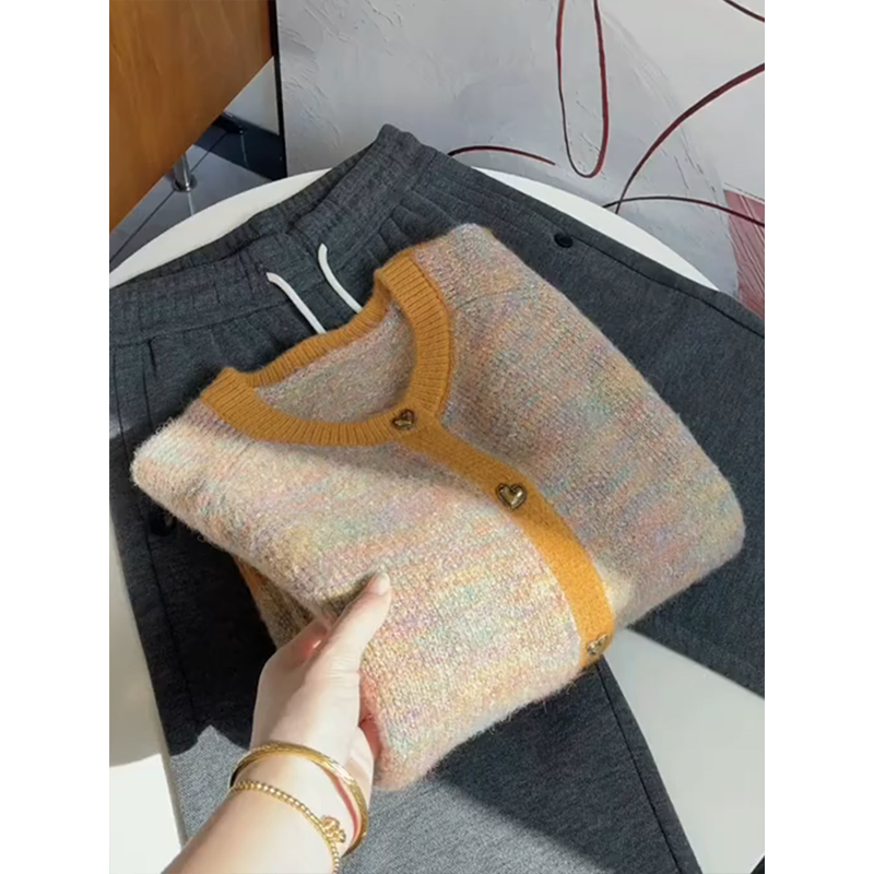 小香风黄色撞色圆领针织开衫毛衣