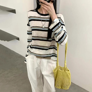 条纹长袖 天丝亚麻针织防晒罩衫 设计感薄款 女2025新款 t恤上衣 夏季