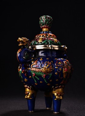 铜镶嵌景泰蓝 珐琅彩工艺福禄寿熏香炉 家居装饰工艺品 古玩