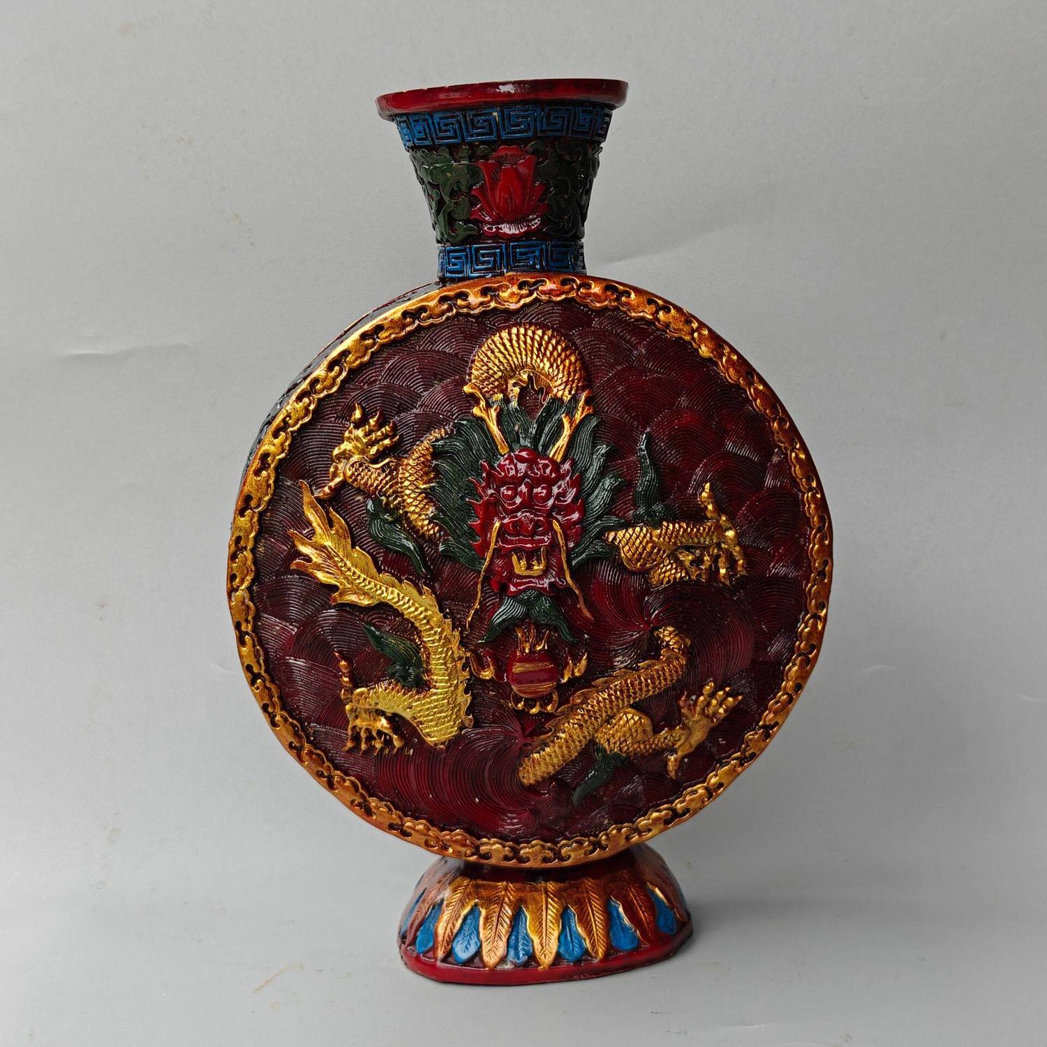 树脂彩绘龙行天下家居办公摆件仿古漆器龙花瓶摆件工艺品