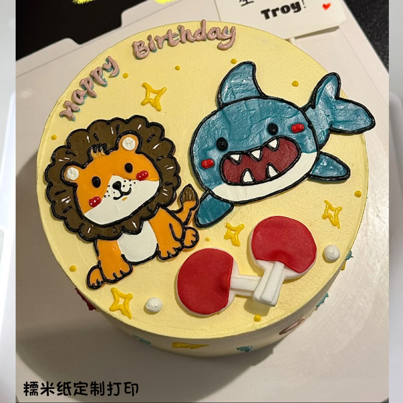 Q版狮子鲨鱼孙颖莎莎冠军粉丝应援生日蛋糕装饰糯米纸糖纸定制