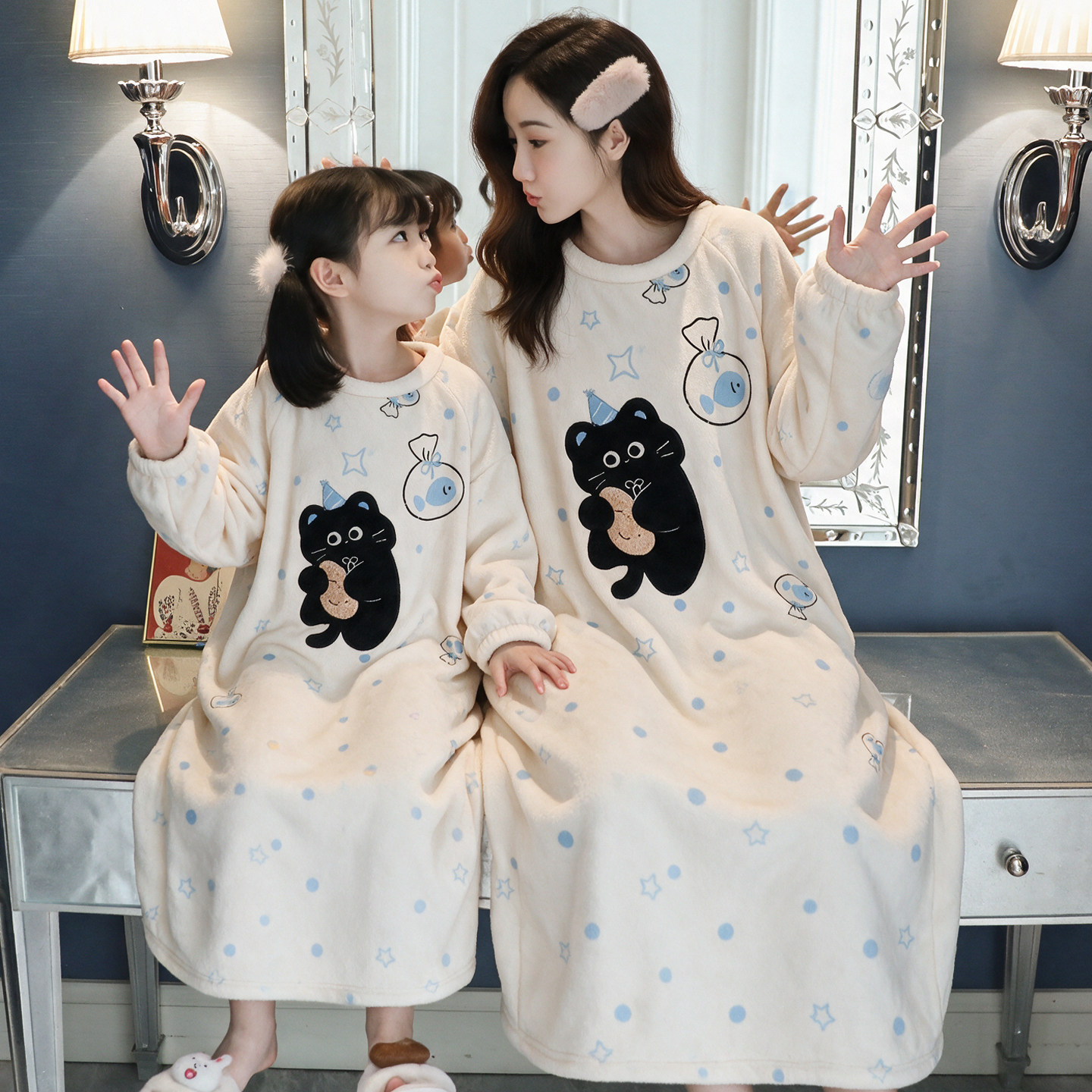 亲子睡裙儿童女孩秋冬季长袖母女