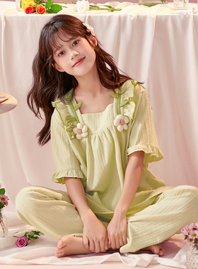 纯棉儿童睡衣夏季短袖长裤女童可爱甜美宫廷风大童女孩家居服套装