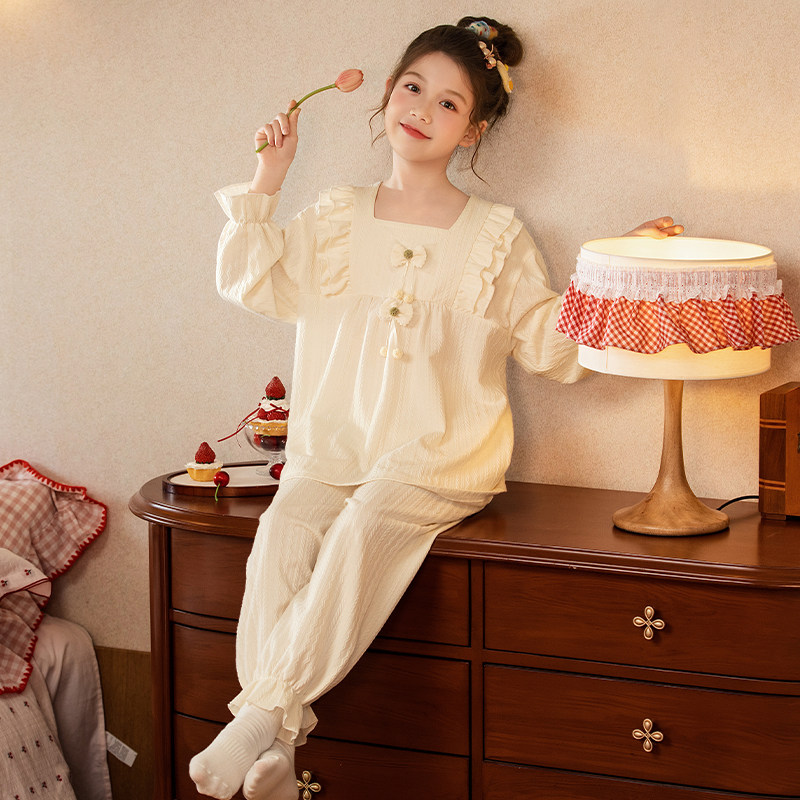 女孩2026新款提花棉睡衣春秋季长袖套装甜美公主风少女大码家居服,童装/婴儿装/亲子装,家居服套装,淘宝优惠券,粉丝福利购,淘宝优惠卷