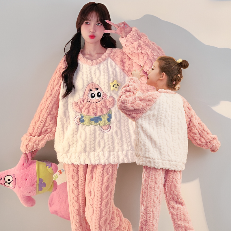 亲子睡衣女孩秋冬珊瑚绒母女套装