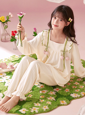 女童睡衣春秋季公主风纯棉长袖亲子母女装甜美宫廷风中大童家居服