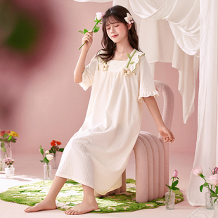 纯棉甜美外穿家居服 女童睡裙少女公主风夏季 中长款 睡衣裙薄款 短袖