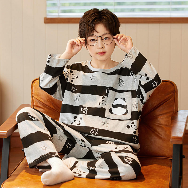 新款男童睡衣春秋季中大童纯棉长袖长裤薄款男孩可外穿家居服套装