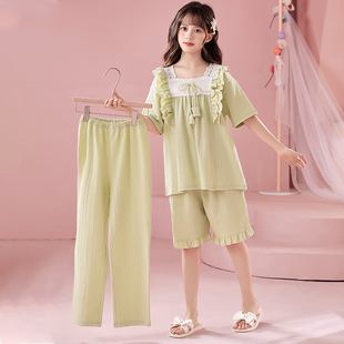 夏季薄款纯棉儿童睡衣女童2025新款春秋公主风女孩初中生三件套装