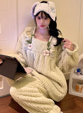 宫廷风儿童亲子睡衣女童秋冬季珊瑚绒保暖提花绒女孩初中生家居服