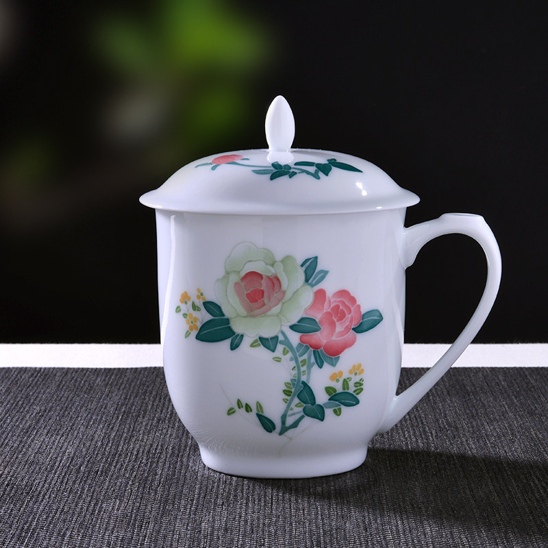千红窑醴陵釉下五彩瓷杯手绘月季花薄胎毛瓷杯碟套装礼品陶瓷水杯