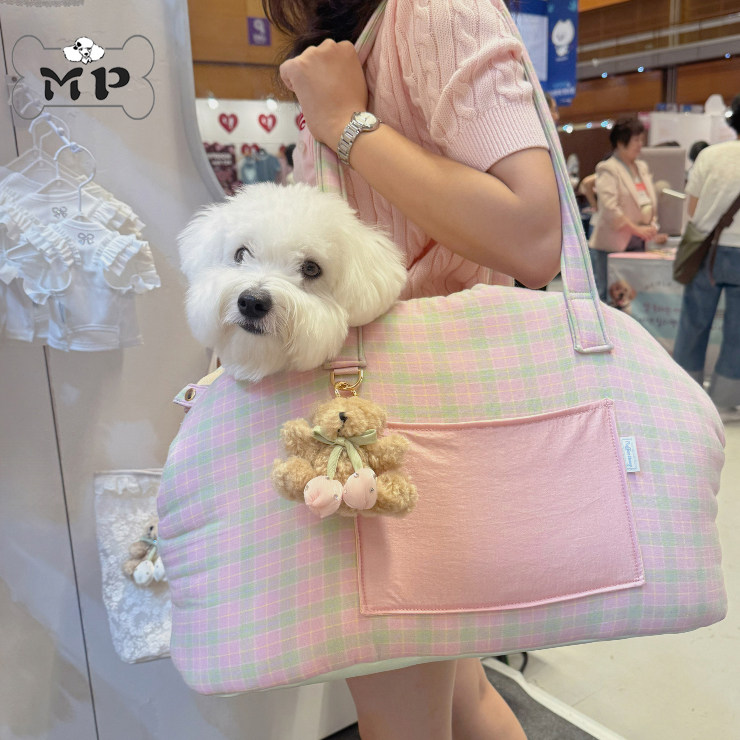 『Memory Pet』韩国代购宠物猫狗格纹蕾丝半月形贝壳包单肩手提包