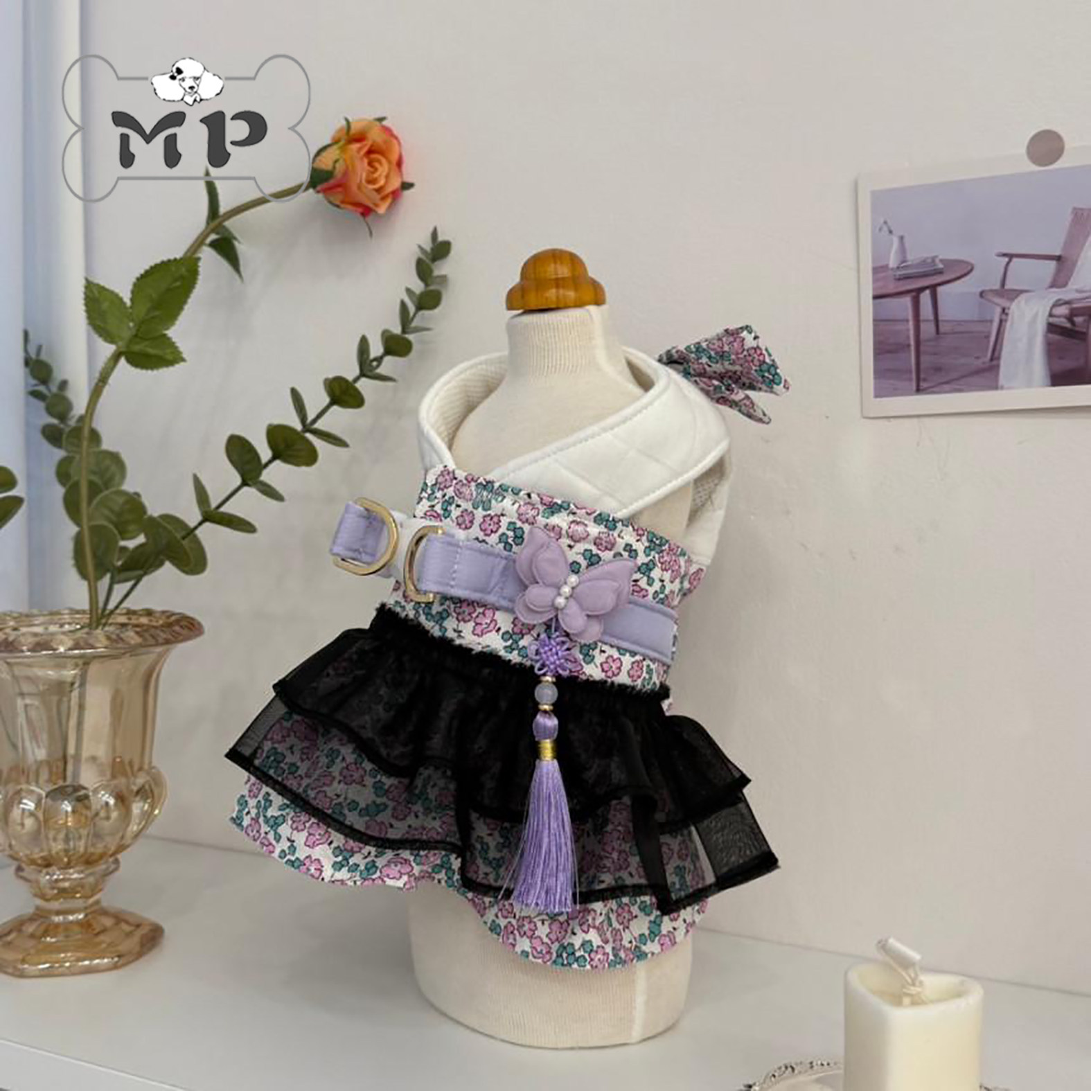 『Memory Pet』韩国代购DDD宠物猫狗外出蝴蝶碎花韩服裙式胸背