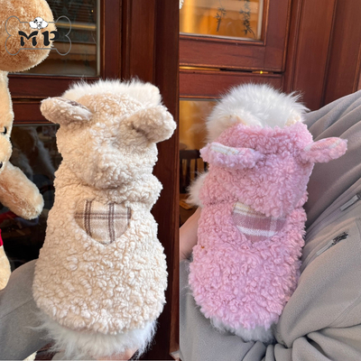 韩代宠物羊羔绒格纹连帽绒衫外套