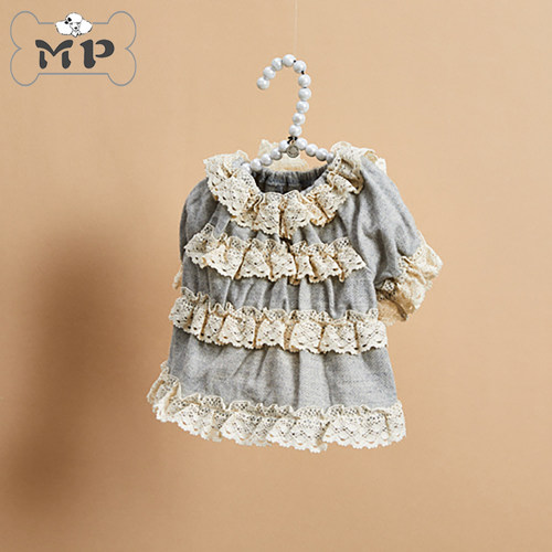 韩代宠物LD蕾丝泡泡袖灰色连衣裙