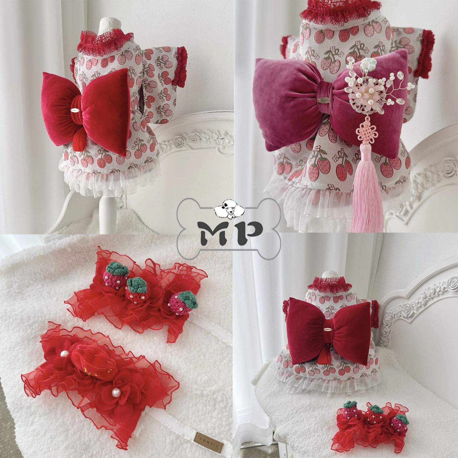 韩代宠物冬季草莓发饰和服连衣裙