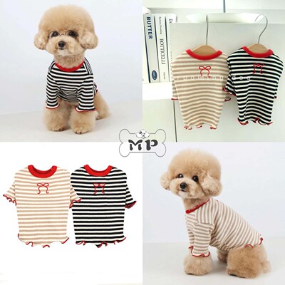 韩代宠物丝带刺绣条纹木耳边上衣