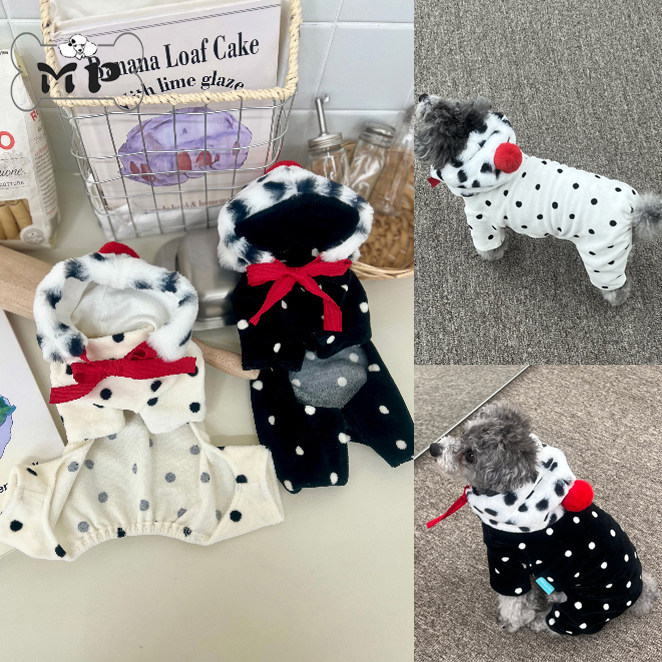 韩代宠物冬帽子天鹅绒波点四脚衣