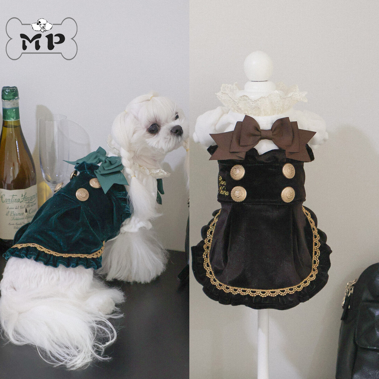 韩代宠物秋冬天鹅绒蝴蝶结连衣裙